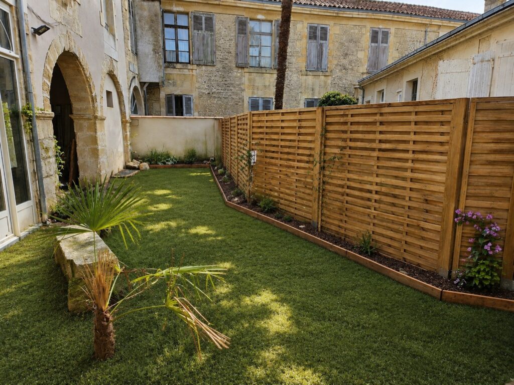Après travaux : cour débroussaillée et replantée, chantier Éclat Paysage en Vendée