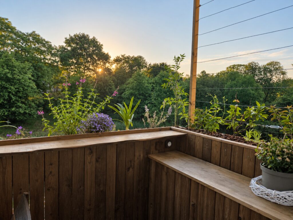 Bar extérieur sous pergola bois au coucher du soleil, réalisation Éclat Paysage